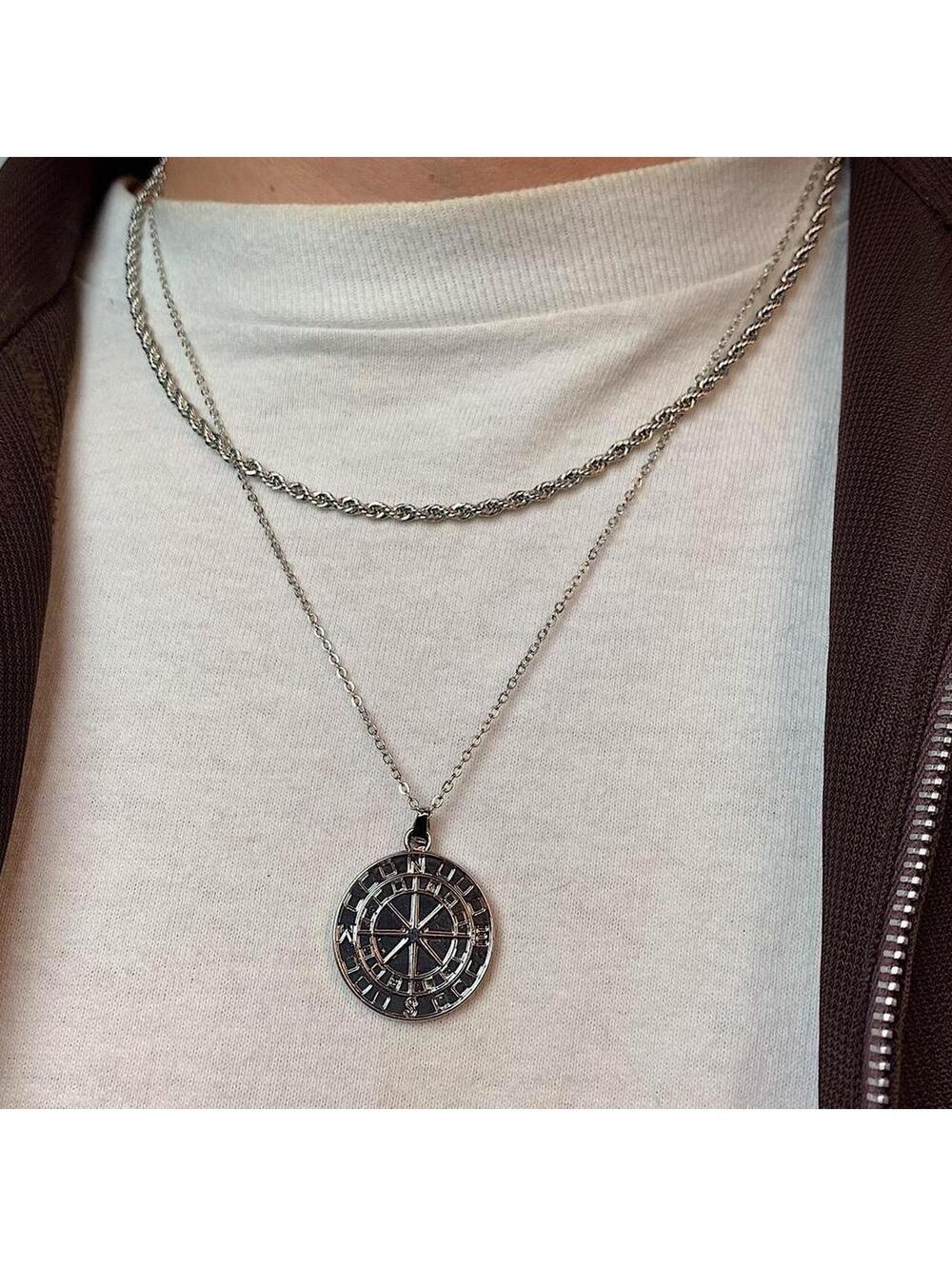 Y2k 2000s style Silver Circle Compass Pendant double layer rope chain Necklace. - Picture 4 of 8